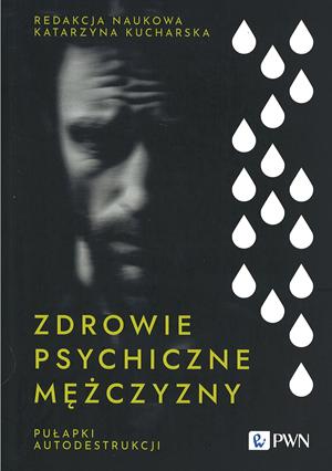 Okładka książki „Zdrowie psychiczne mężczyzny. Pułapki autodestrukcji” pod redakcją naukową Katarzyny Kucharskiej ma ciemne, poważne tło, co podkreśla tematykę emocjonalnych i psychicznych trudności. Na pierwszym planie widnieje rozmyta, czarno-biała twarz mężczyzny, spoglądającego w stronę odbiorcy – jego wyraz twarzy sugeruje ból, smutek lub zamyślenie. Efekt rozmycia nadaje całości dramatyczny, introspektywny ton. Po prawej stronie okładki znajduje się układ kropli wody lub łez – białych i ciemnych – które mogą symbolizować emocjonalne cierpienie, łzy, kryzysy psychiczne lub uzewnętrznione uczucia. Tytuł książki zapisany jest dużą, żółtą czcionką: „ZDROWIE PSYCHICZNE MĘŻCZYZNY”, a podtytuł: „Pułapki autodestrukcji” umieszczony jest niżej, mniejszą czcionką. Logo wydawnictwa PWN znajduje się w prawym dolnym rogu. Całość ma minimalistyczny, ale silnie emocjonalny charakter, który zwraca uwagę na ważny, często pomijany problem zdrowia psychicznego mężczyzn oraz ich skłonność do autodestrukcyjnych zachowań.