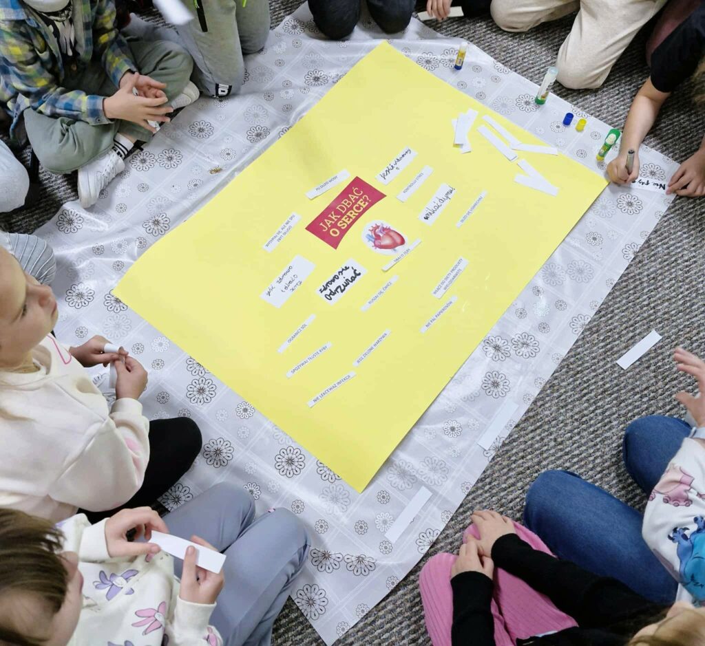 Grupa dzieci siedzi wokół dużego żółtego plakatu z napisem „JAK DBAĆ O SERCE?” i ilustracją serca. Dzieci aktywnie uczestniczą w zadaniu — piszą na małych kartkach i przyklejają je do plakatu, dzieląc się pomysłami na temat dbania o zdrowie serca. Całość ukazuje angażującą, zdrowotną aktywność edukacyjną w duchu współpracy i kreatywności.
