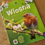 Na zdjęciu widoczna jest książka przyrodnicza dla dzieci pt. „Wiosna w świecie przyrody” z serii „Młodzi Przyrodnicy”.

Okładka utrzymana jest w jasnej, wiosennej kolorystyce – dominuje świeża zieleń symbolizująca budzącą się do życia naturę. Centralnym elementem jest realistyczne zdjęcie małego ptaka (rudzika) siedzącego na gałęzi pokrytej młodymi liśćmi i kwiatami. W górnej części widoczne są delikatne białe kwiaty, które dodatkowo podkreślają wiosenny charakter publikacji.

Tytuł książki zapisany jest dużymi, jasnymi literami, co sprawia, że jest czytelny i przyciąga uwagę młodego odbiorcy. Na dole znajduje się informacja o dodatkowej funkcji – możliwość skanowania kodów QR i słuchania śpiewu ptaków, co wskazuje na interaktywny i nowoczesny charakter książki.

Całość sprawia wrażenie estetycznej, atrakcyjnej i edukacyjnej publikacji, zachęcającej dzieci do poznawania przyrody i obserwowania zmian zachodzących w naturze wiosną.