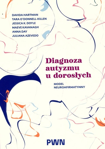 Okładka przedstawia pastelowe, linearnie rysowane twarze w różnych kolorach. Tytuł brzmi „Diagnoza autyzmu u dorosłych. Model neuroafirmatywny”, a autorami jest zespół specjalistów. Całość utrzymana jest w nowoczesnym, lekkim stylu.