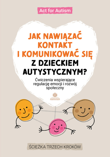 Okładka ma jasne, kremowe tło i prostą ilustrację trzech uśmiechniętych, połączonych ze sobą buziek, które symbolizują relację i komunikację. Tytuł „Jak nawiązać kontakt i komunikować się z dzieckiem autystycznym?” zapowiada zestaw ćwiczeń wspierających regulację emocji i rozwój społeczny, przedstawionych w formie „ścieżki trzech kroków”. Całość utrzymana jest w lekkim, przyjaznym stylu, charakterystycznym dla materiałów praktycznych.