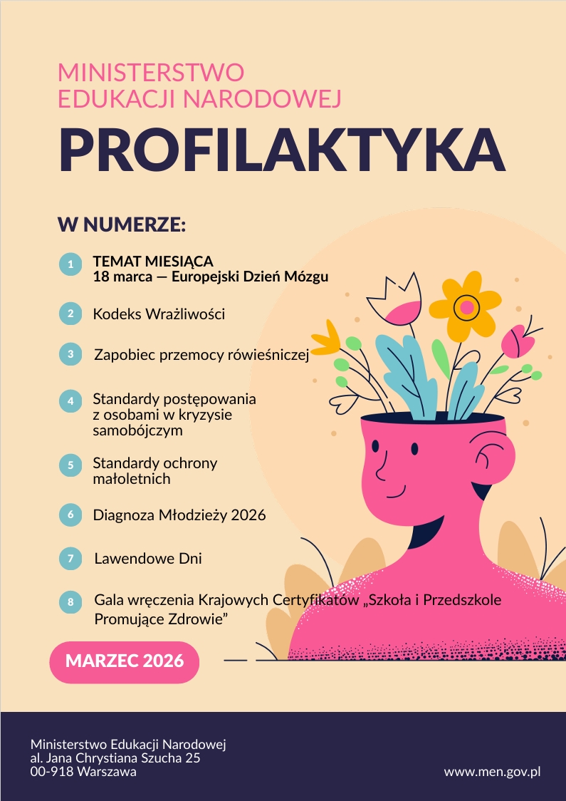 To grafika przedstawiająca marcowe wydanie materiału „Profilaktyka” Ministerstwa Edukacji Narodowej. Na jasnobeżowym tle znajduje się nagłówek „MINISTERSTWO EDUKACJI NARODOWEJ” w kolorze różowym oraz duży, granatowy tytuł „PROFILAKTYKA”. Poniżej umieszczono sekcję „W NUMERZE:”, prezentującą osiem najważniejszych tematów wydania: Temat miesiąca – 18 marca – Europejski Dzień Mózgu Kodeks Wrażliwości Zapobiec przemocy rówieśniczej Standardy postępowania z osobami w kryzysie samobójczym Standardy ochrony małoletnich Diagnoza Młodzieży 2026 Lawendowe Dni Gala wręczenia Krajowych Certyfikatów „Szkoła i Przedszkole Promujące Zdrowie” Po prawej stronie znajduje się duża, kolorowa ilustracja ludzkiej głowy w profilu, przedstawionej w intensywnym różowym kolorze. Z jej wnętrza wyrastają kwiaty i liście w różnych barwach – różowych, żółtych, niebieskich i zielonych. Motyw ten symbolicznie nawiązuje do zdrowia psychicznego, rozwoju, wrażliwości oraz troski o dobrostan człowieka. W lewym dolnym rogu umieszczono różową etykietę „MARZEC 2026”, natomiast na dole grafiki znajduje się granatowy pas z adresem i danymi Ministerstwa Edukacji Narodowej. Całość utrzymana jest w nowoczesnej, minimalistycznej i pogodnej stylistyce. Wyraziste kolory oraz prosta ilustracja sprawiają, że materiał jest łatwy do odczytania i wizualnie atrakcyjny. Tematyka wydania koncentruje się przede wszystkim na zdrowiu psychicznym dzieci i młodzieży, przeciwdziałaniu przemocy, bezpieczeństwie oraz wspieraniu uczniów w sytuacjach kryzysowych.