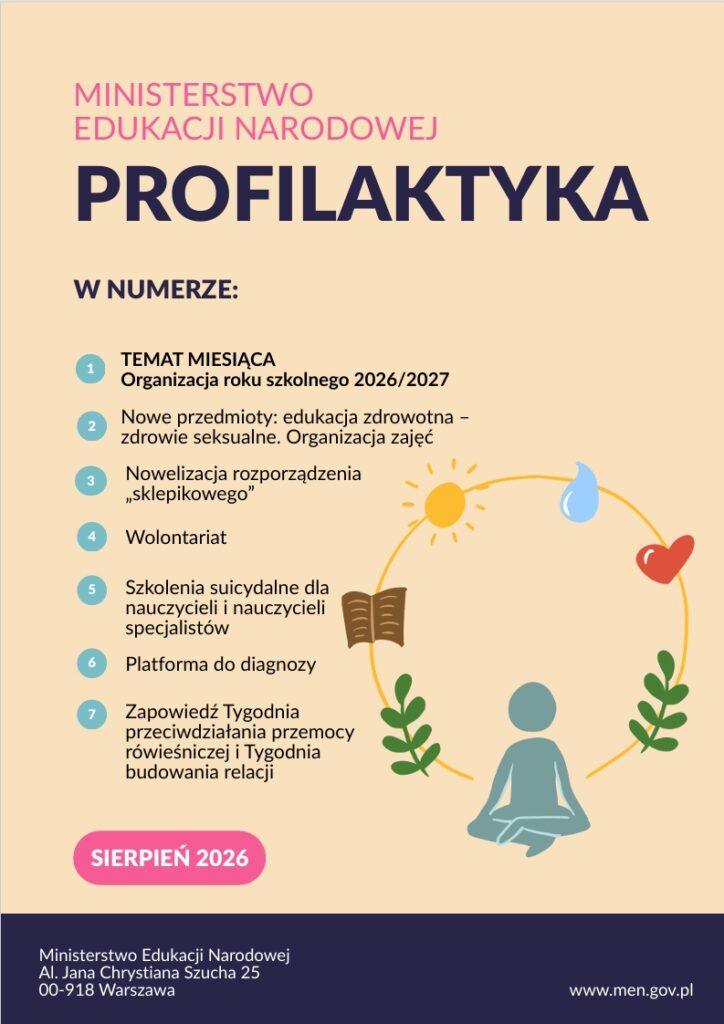 Okładka ma formę przejrzystego biuletynu „Profilaktyka” Ministerstwa Edukacji Narodowej. Dominują jasne barwy i proste grafiki ułożone w okrąg: postać siedząca po turecku, książka, słońce, kropla wody i serce — symbole równowagi, dobrostanu i edukacji.
Tło jest minimalistyczne, utrzymane w bieli i pastelach, dzięki czemu treści numeru — m.in. organizacja roku szkolnego, edukacja zdrowotna, wolontariat czy szkolenia suicydalne — są czytelnie wyeksponowane. Całość ma oficjalny, informacyjny charakter.
